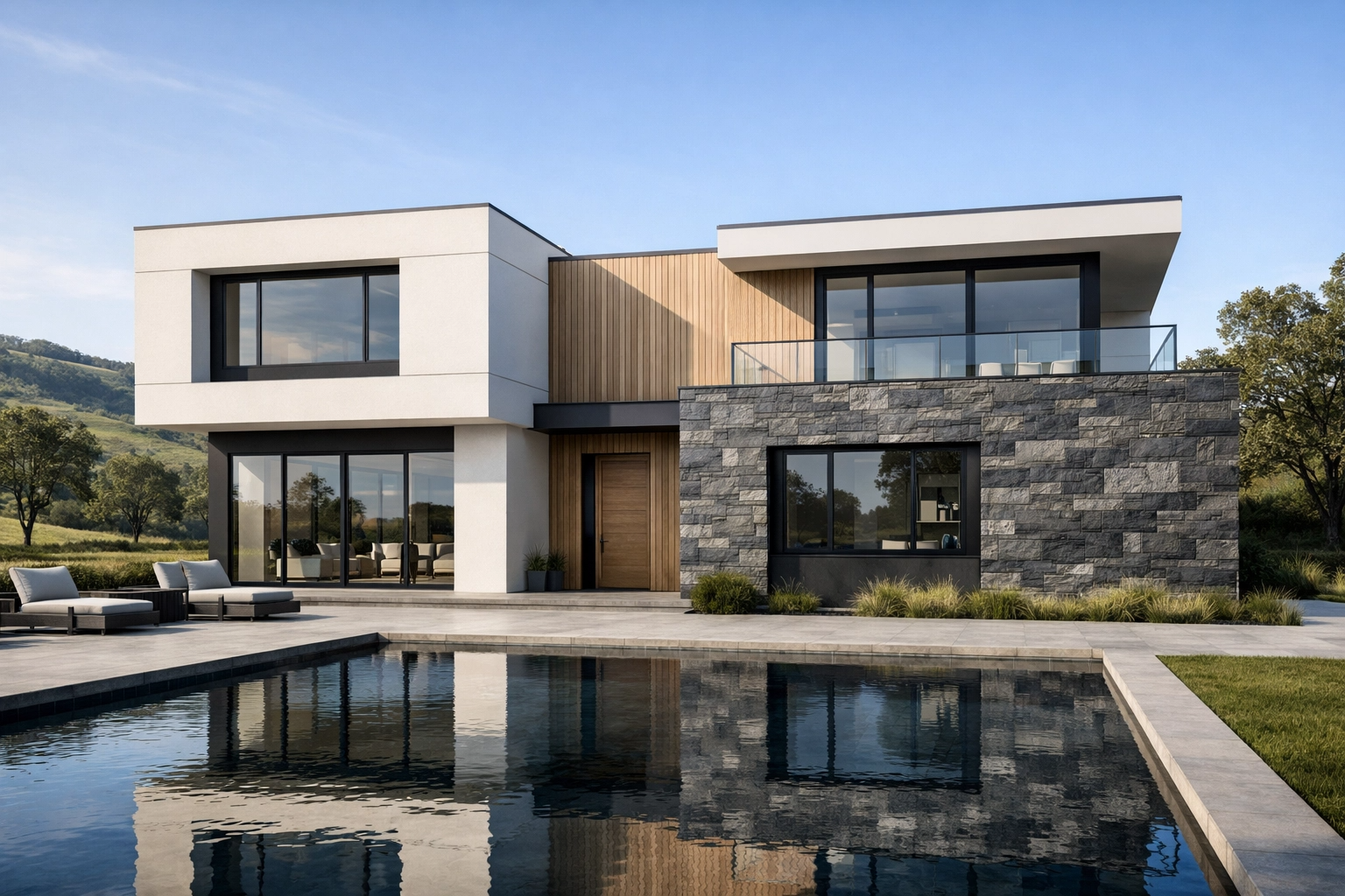 Casa de diseño moderno con terminaciones premium en piedra y madera, Línea Confort Avanzado de Arqui arquitectura Córdoba.
